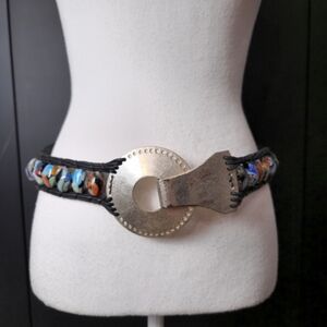 Chico's leather Boho belt with a large silver buckle and colorful beads size s/m